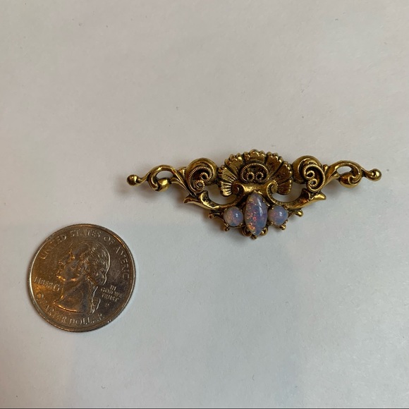 Gold Tone Faux Opal Vintage Bar Brooch Scrolls Victorian Baroque Style - Picture 3 of 6